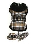 Brown Plaid Fleece Lined Coat, Leash and Hat